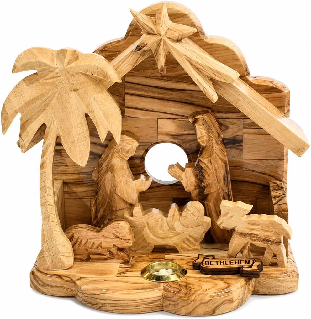 Olive Wood Nativity Set for Christmas Indoor Décor, Handcrafted Bethlehem Manger Scene with Holy Family, Wooden