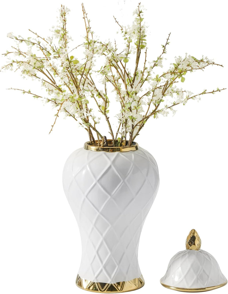 Ginger Jars Decor, White and Gold Vase, Decorative Ceramic Ginger jar with lid, Porcelain Flower Vase