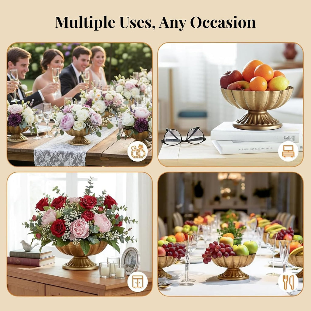 Set of 8 Antique Gold Compote Vases, 7.1" W x 3.94" H Metal Pedestal Vase for Centerpiece, Small Brass Compote Bowls