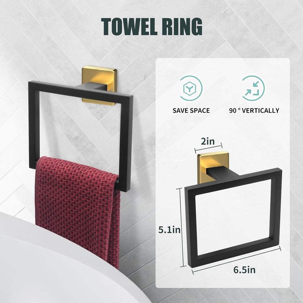 5 Piece Black and Gold Towel Bar Set - Gold and Black Bathroom Accessories with 2 Towel Hook, Stainless Steel Wall