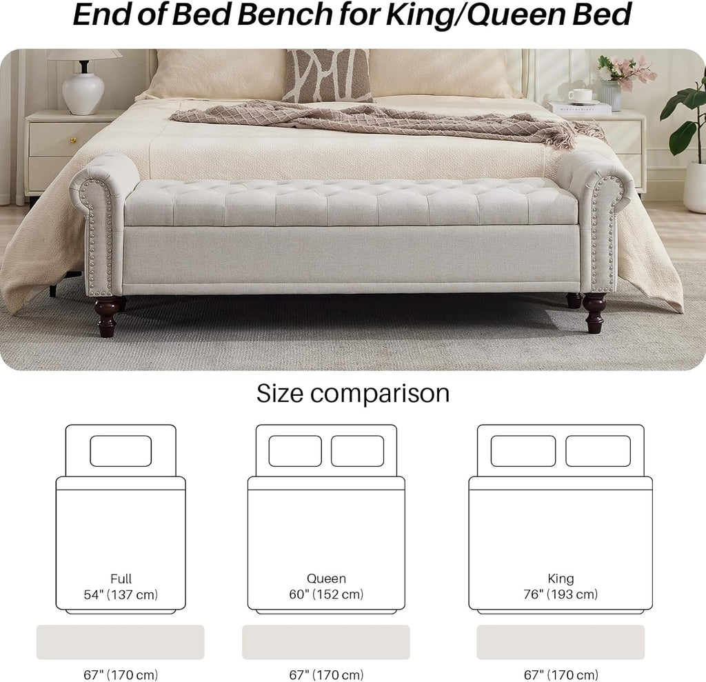 67" Storage Bench , Linen Upholstered, Beige | King Size End of Bedroom Bed Bench Ottoman with Tufted Cushioned