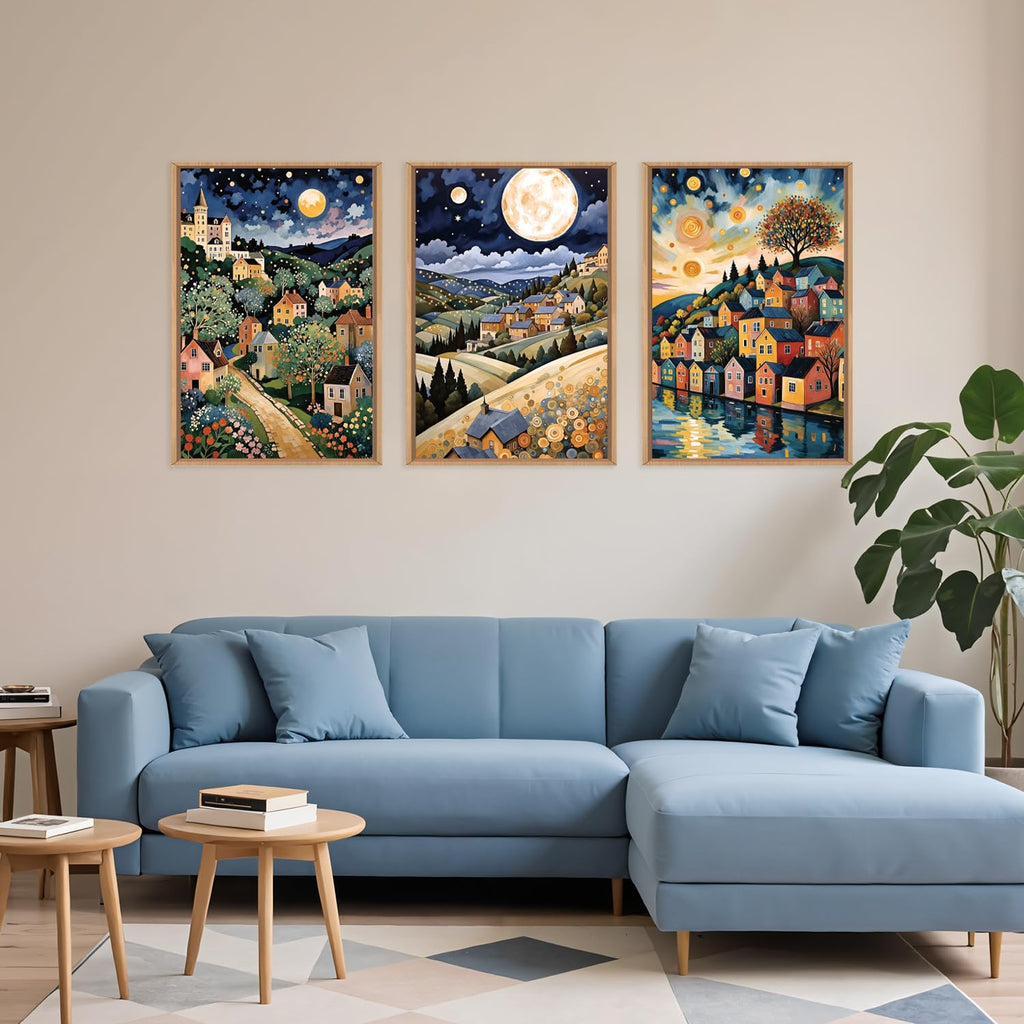 Large Abstract Colorful Framed Canvas Wall Art, Retro Night Village Wall Decor, Natural Moon Stars Wall Painting, Gustav