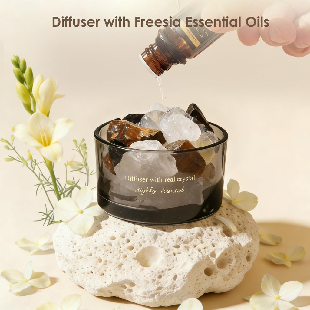 Crystal Stone Aroma Diffuser with Essential Oils Decor & Fragrance 2 in 1, Chic Aromatherapy Gift Set (Freesia Scent)