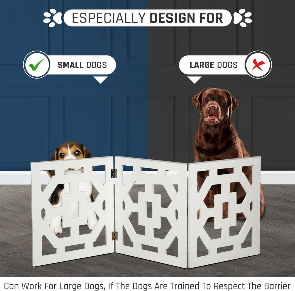 Freestanding Dog Gate Expandable Decorative Wooden Fence for Small to Medium Pet Dogs, Barrier for Stairs, Doorways