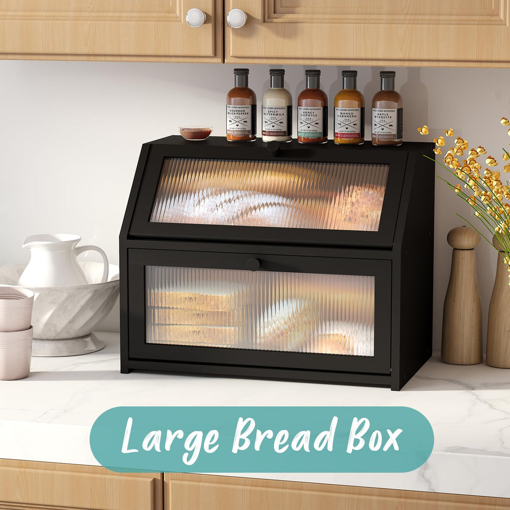Black Counter, Large Bamboo Wood Double Layer, Wooden Bread Storage Capacity