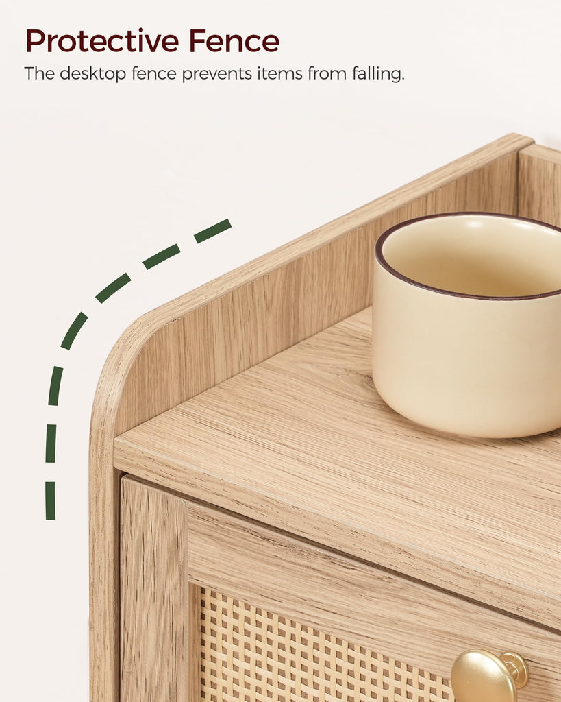 Nightstand with Charging Station, Side Table with Rattan-Style Drawer and Storage Shelf, Modern Rattan Night Stand