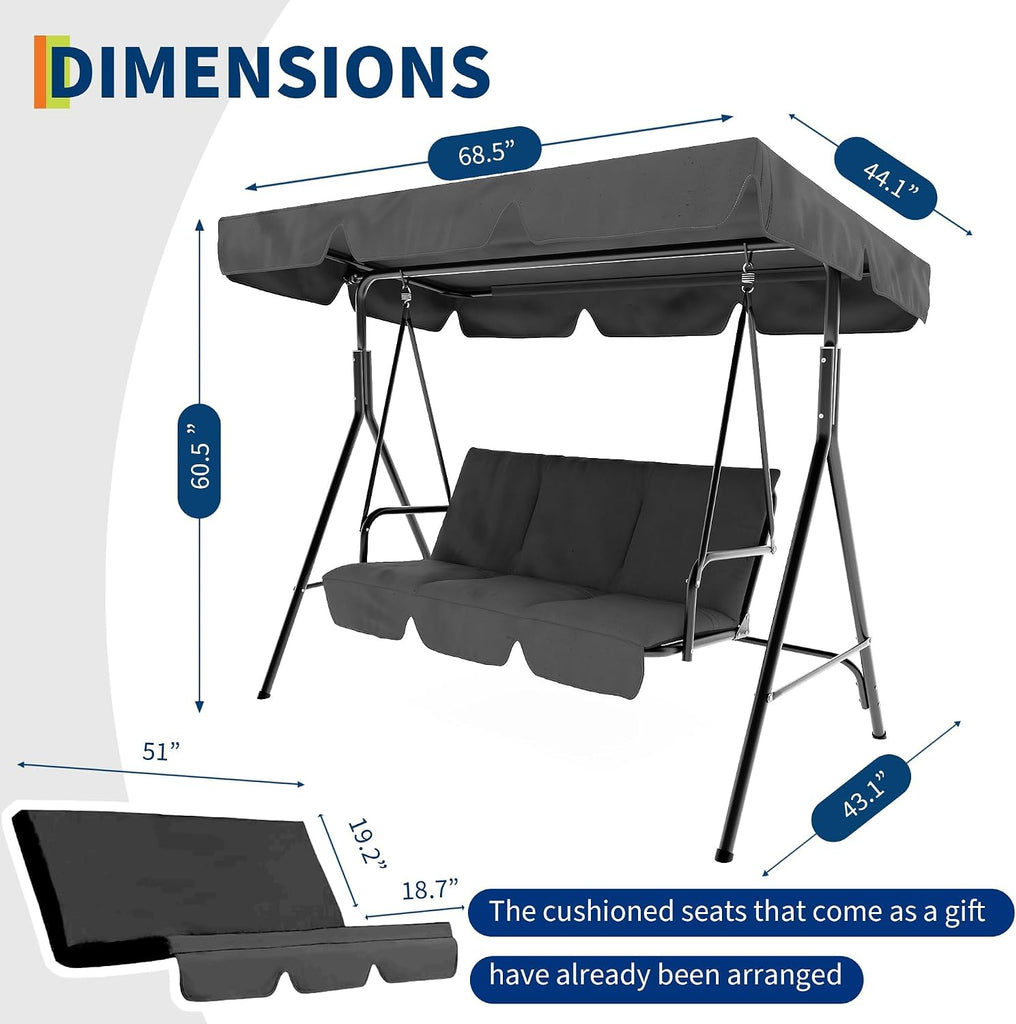 3 Seat Outdoor Porch Patio Swing with Stand and Adjustable Canopy, 800lbs Patio Chairs Porch Swing with Adjustable