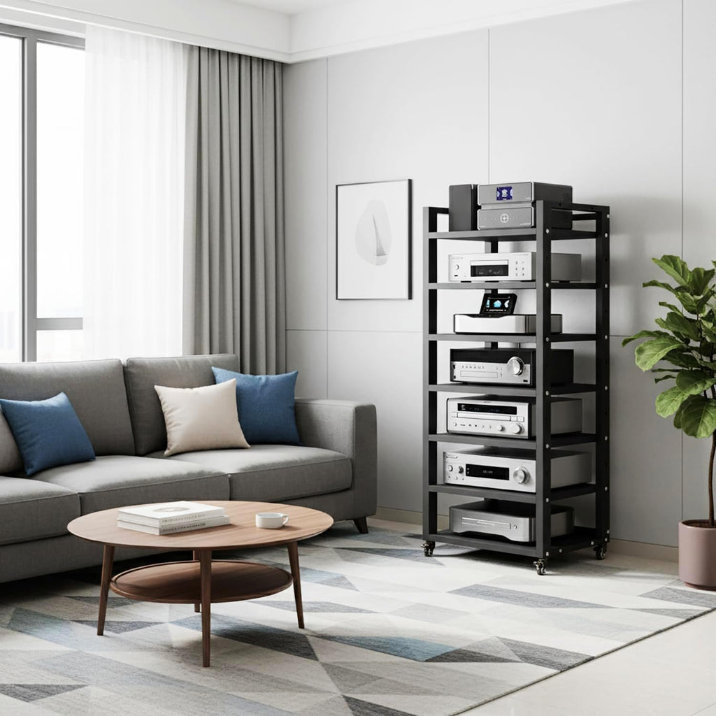 7 Tier AV Media Stand, 55in Audio Rack Tower Stereo Components Cabinet