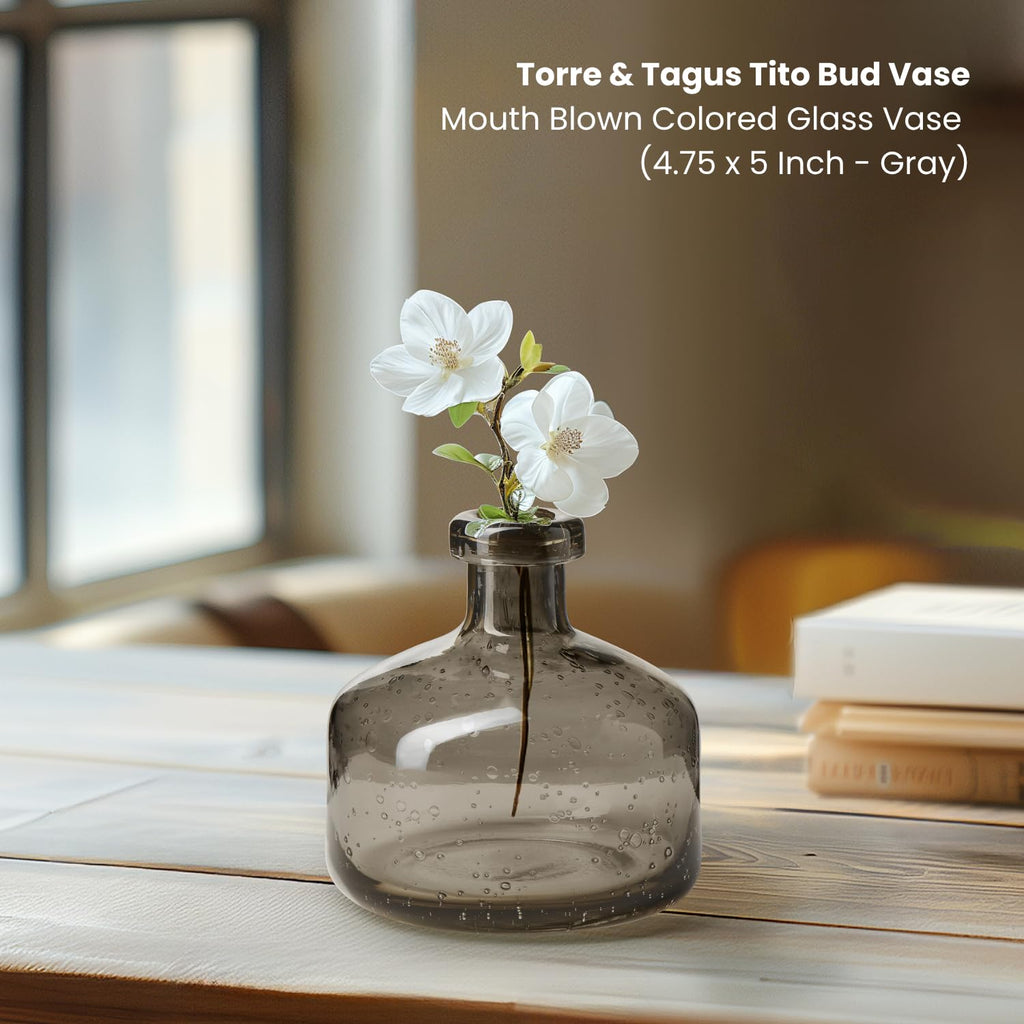 5" Solid Gray Glass Vase for Flowers & Reed Diffuser Bottle, Mouth Blown & Watertight Clear Black Vases for Modern