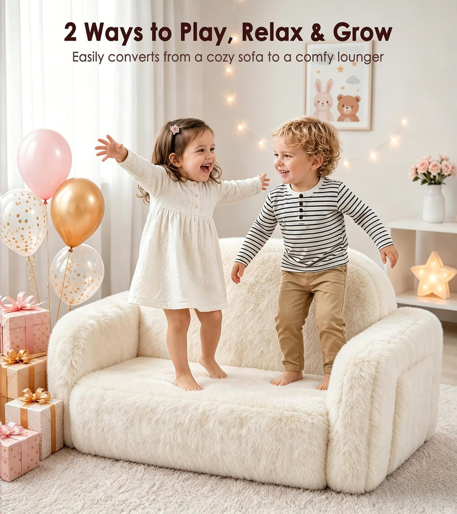 In-1 Kids Plush Kids Couch, Extra Wide Toddler Couch with Bonus Blanket - Ultra-Thick Faux Fur Convertible Sofa