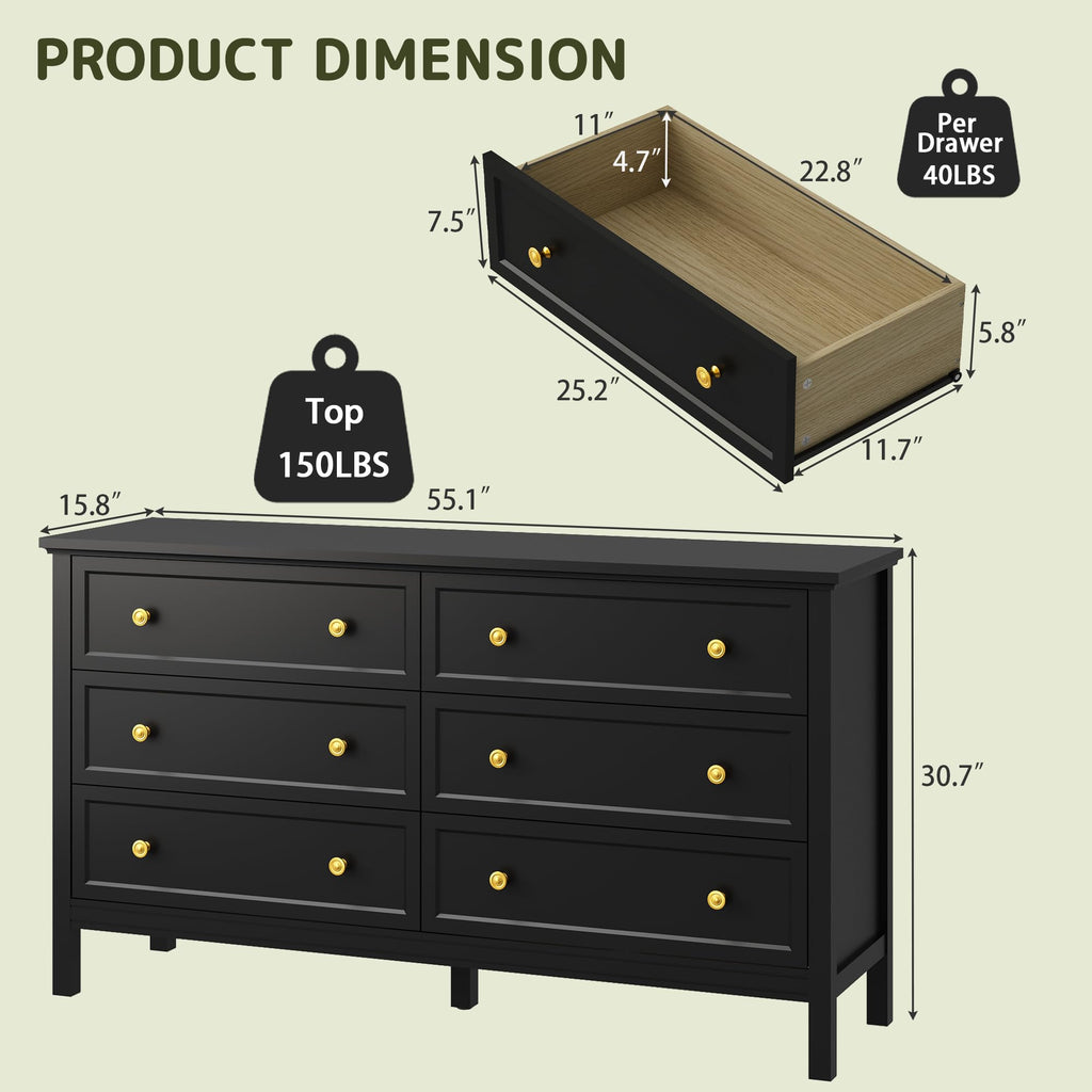 6 Drawer Black Dresser with Gold Handles, 55" Modern Dressers
