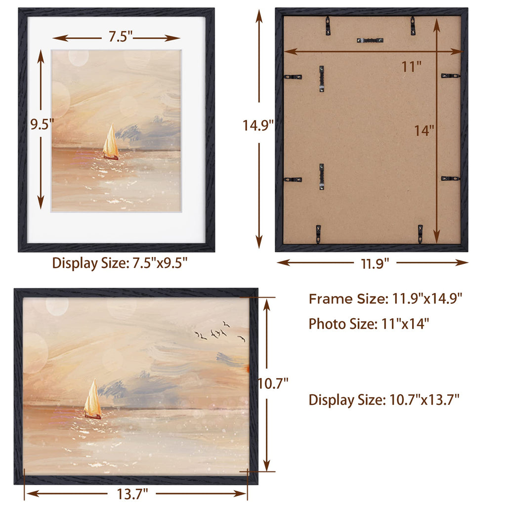 Black Picture Frame 11x14, Rustic Oak Wood 11 x 14 Photo Frames for Wall, 11x14 Frame with Mat for 8x10, Rustic Wood