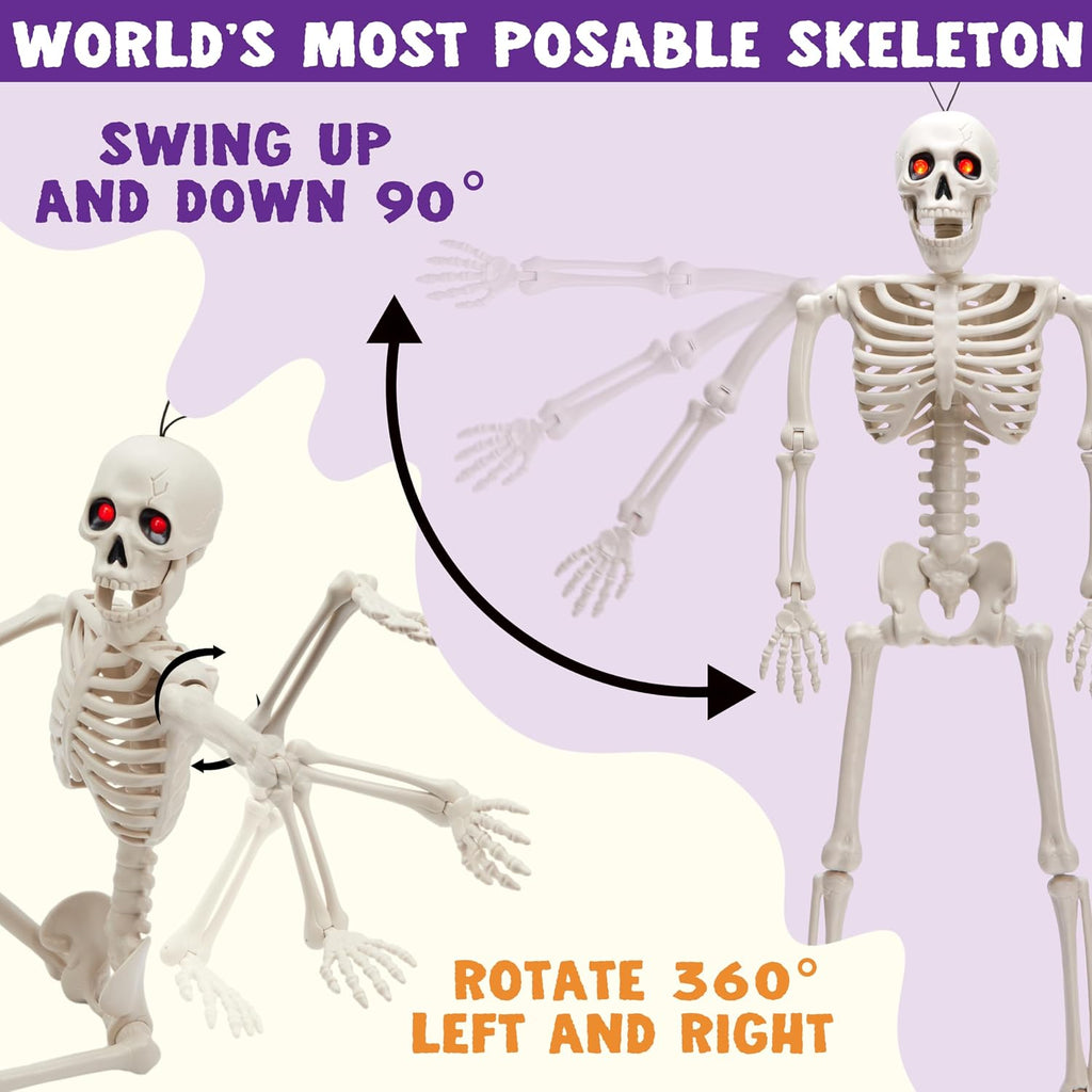 24 Inch Halloween Posable Skeleton with LED Red Glowing Eyes, 2FT Realistic Hanging Skeleton Bone Full Body Movable