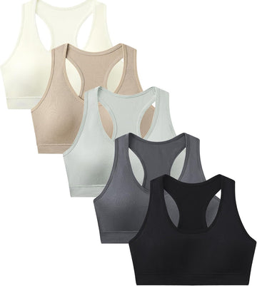 Girls Training Bra Supportive Seamless Sports Bras for Teens Girls with Racerback Removable Pads Pack of 5