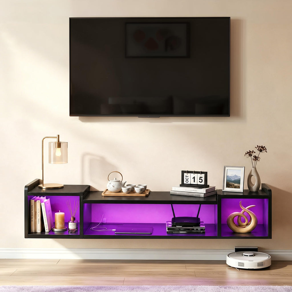 55.1" W Floating TV Stand with LED, Power Strip for 50/55/60/65" TV Black