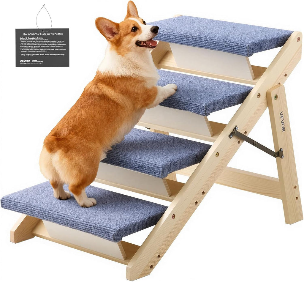 Wood Pet Stairs, 4-Step Dog Stairs for Beds, Sofa & Cars, 150lbs Load Capacity, Floded Flat Design
