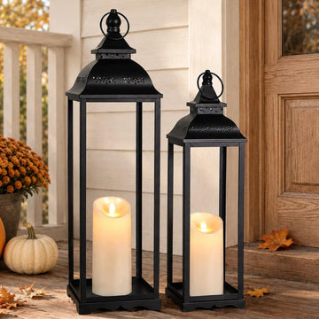 Large Candle Lanterns Set of 2, Black Lanterns Decorative Indoor Outdoor