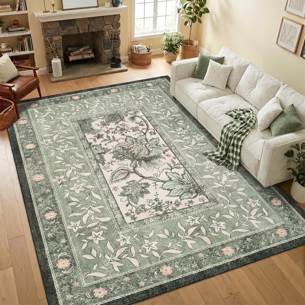 5x7 Washable Botanical Vintage Area Rug, Low Pile Non-Slip Carpet Sage Green