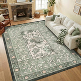 5x7 Washable Botanical Vintage Area Rug, Low Pile Non-Slip Carpet Sage Green
