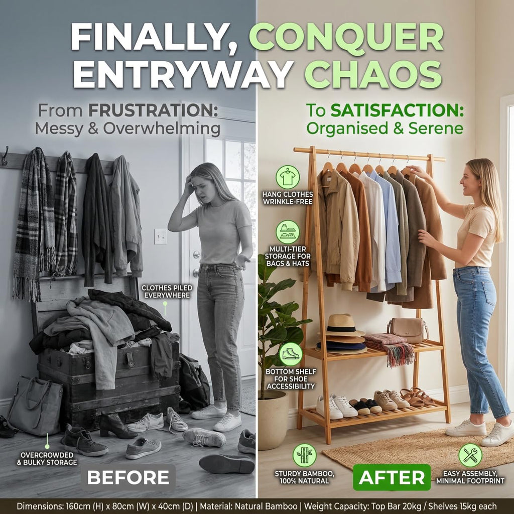 Bamboo Clothes Rack Portable Extra Large Garment Rack 2-Tire Storage Box Shelves and Bed Room Patented Design