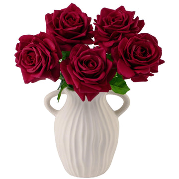 Real Touch Roses Artificial Flowers, 5Pcs Dark Red Faux Silk Rose