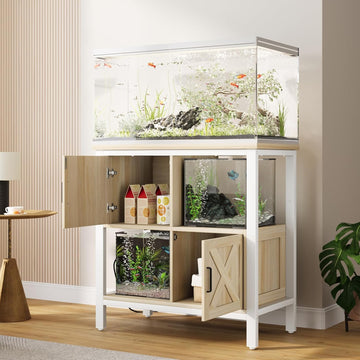 20-29 Gallon Fish Tank Stand with Power Outlet, Farmhouse Aquarium Stand with 2 Cabinets, 20 Gallon Fish Stand with 4