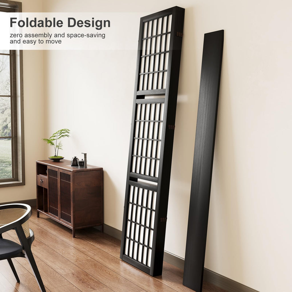 Room Divider with Shelves, 66.9-Inch Tall Japanese Shoji Style Wood Screen with Double Hinges Bedroom Hotel