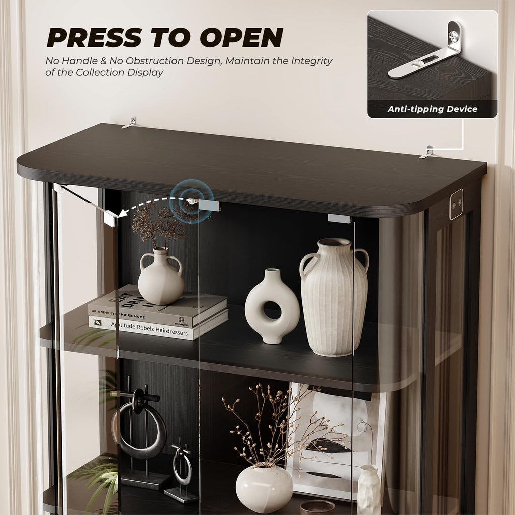 3-Tier Rounded Display Cabinet with Lights&Human Body Sensor Black