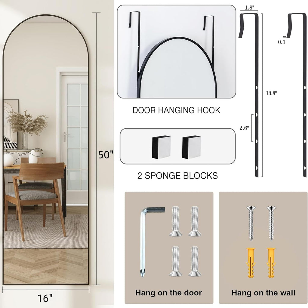 50"x 16" Door Mirror, Full Length Mirror Over The Door, Black