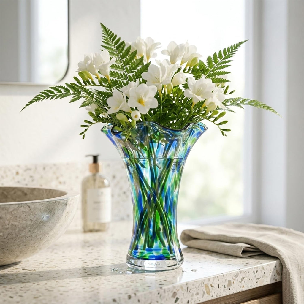 Hand Blown Glass Vase for Flowers, 9" Unique Murano Style Art Glass Vase, Wide Mouth Teal Turquoise Swirl Decorative