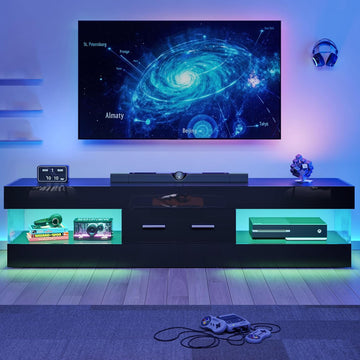 67" Modern TV Stand for TVs 55 to 75 Inch, High Gloss LED Entertainment Center with Stone-Patterned Doors, TV Console