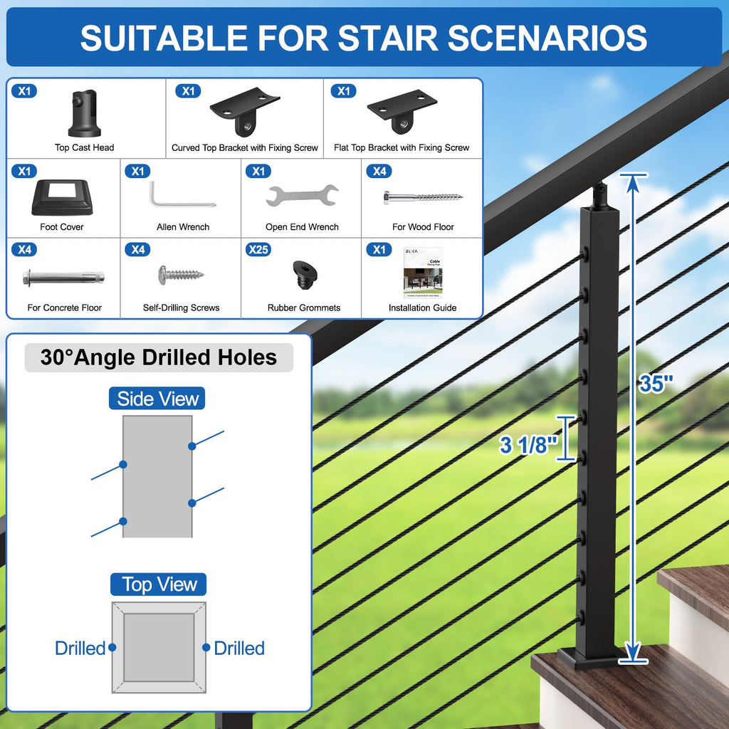 36" Black Cable Railing Post(35"x2"x2") for 25-35 Degrees Stair, Stainless Steel Adjustable Stair Post