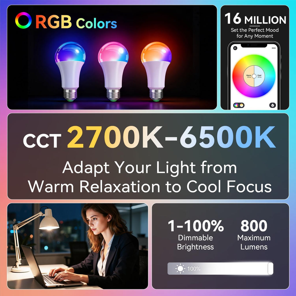 A19 Smart Light Bulbs with Remote, RGB+CCT Color LED Bulbs, 2-Pack