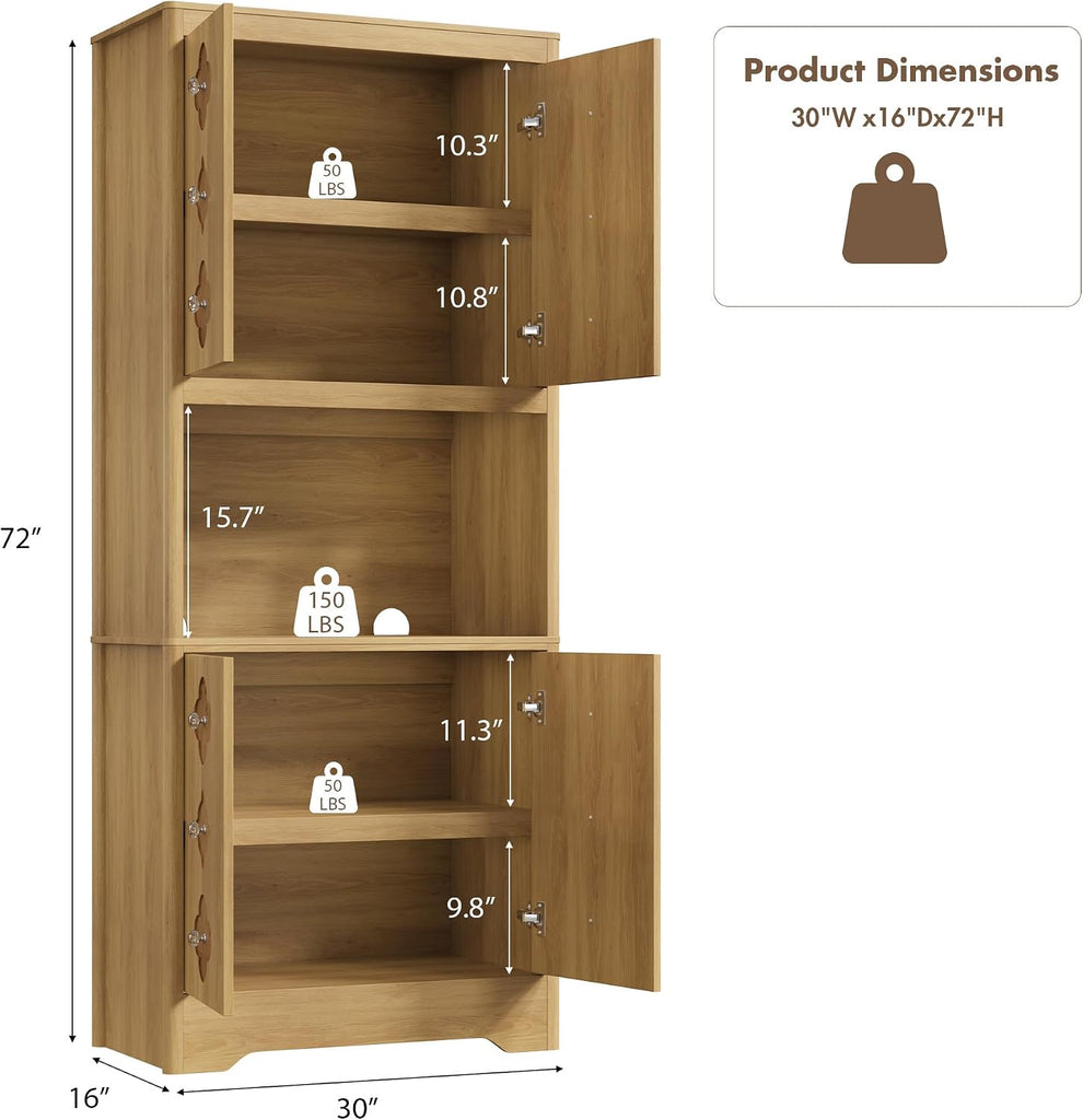 72" Tall Pantry Cabinet, Kitchen Hutch Storage Cabinet with Countertop for Microwave, Freestanding Wooden Cupboard