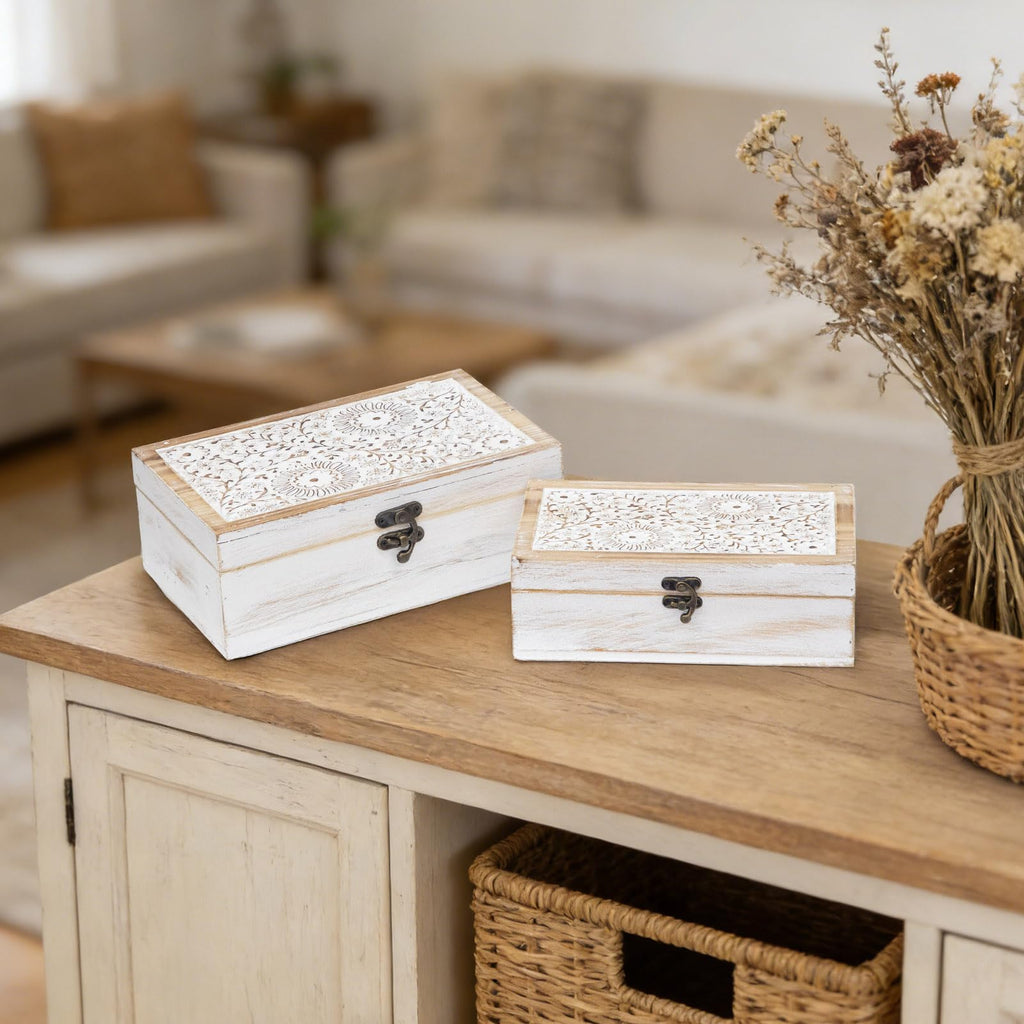 Rustic Farmhouse Decorative Wooden Boxes, Set of 2 Keepsake Box Decorative Boxes with Hinged Lid and Floral Carved