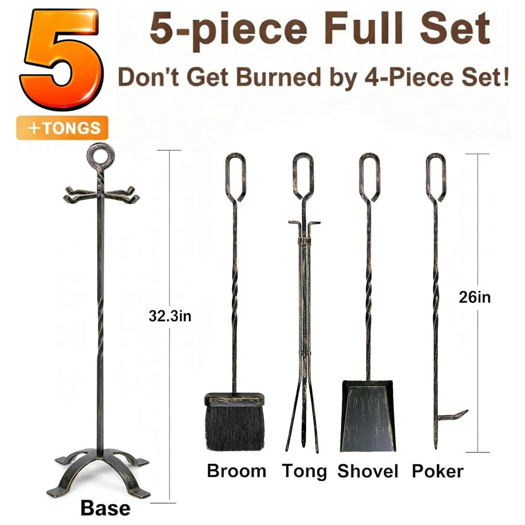 5 Pieces Fireplace Tools Sets Wrought Iron Fireplace Set Antique Brass Copper with Poker Tongs Broom Shovel Stand