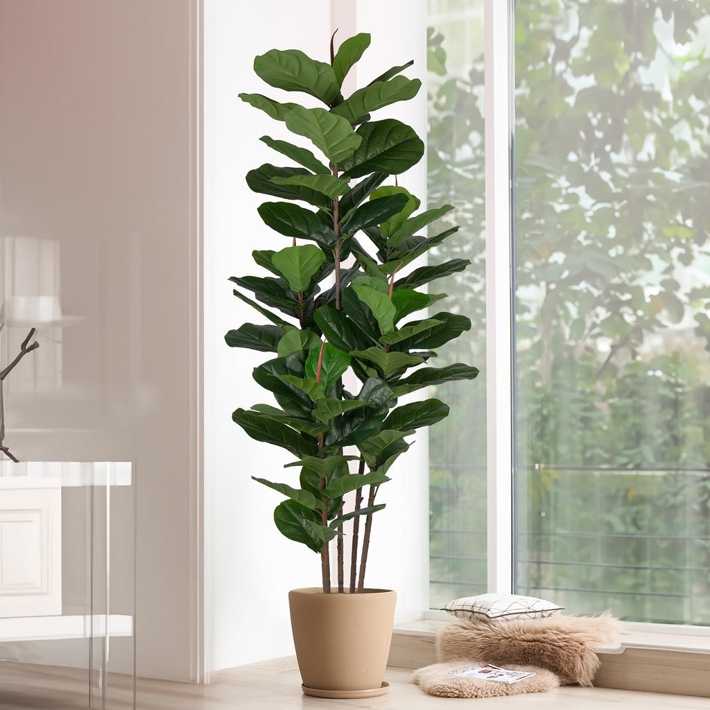 Faux Fiddle Leaf Fig Tree 6 FT - Artificial Ficus Tree with Tall Artificial Plants Large 69 Fiddle Leaves - Lifelike