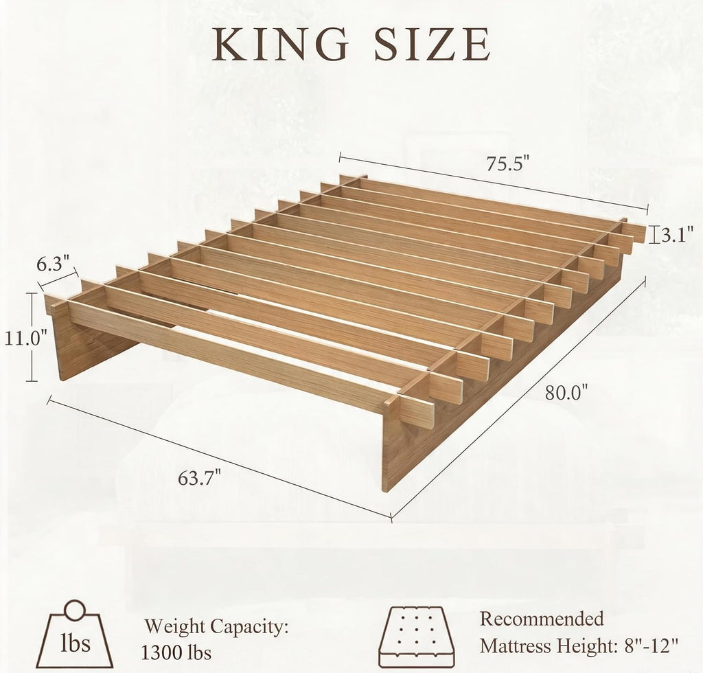 Wood Platform Bed Frame, Tool-Free Japanese Joinery, Natural