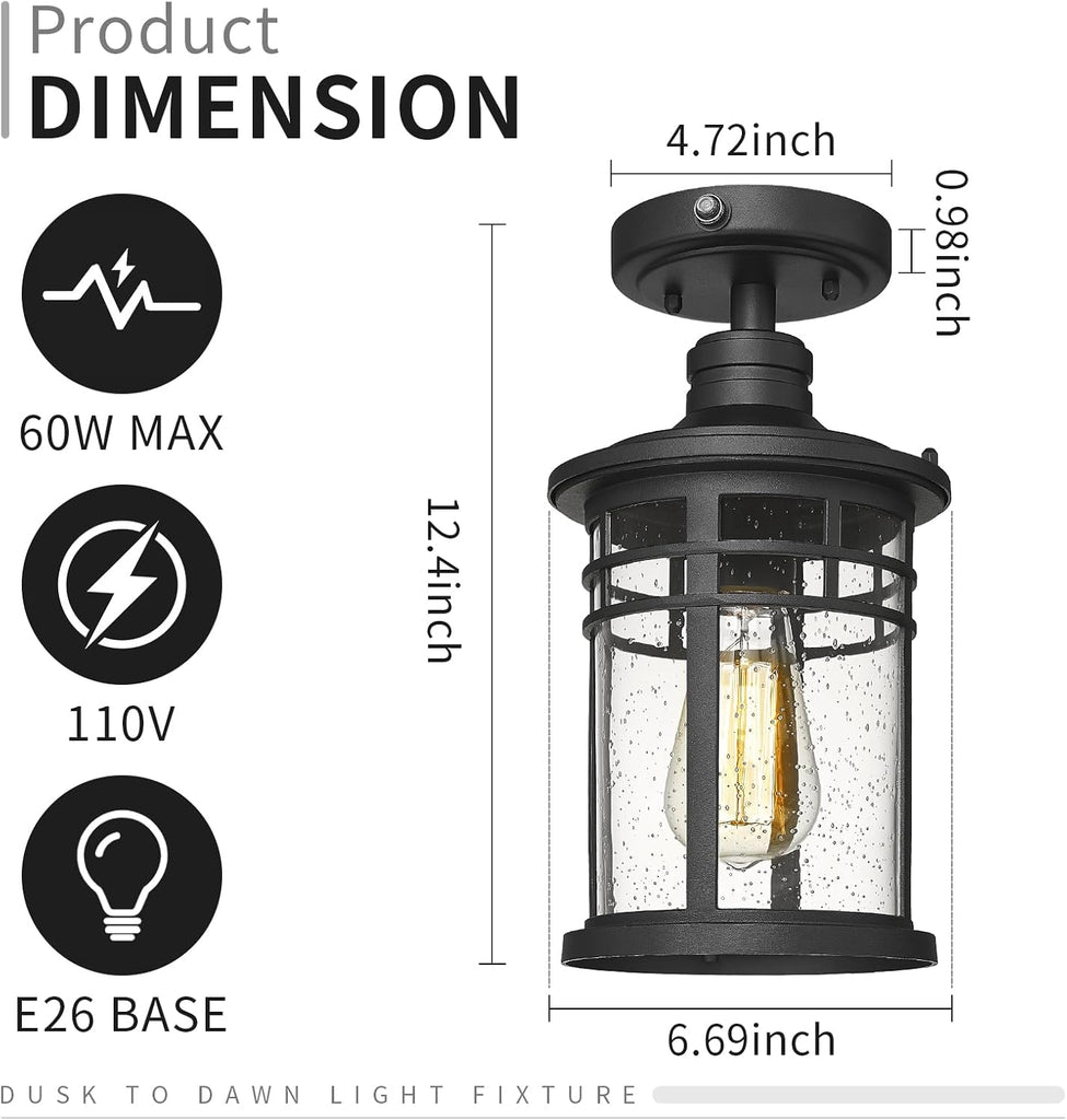 Semi Ceiling Light Fixtures, Dusk to Dawn Black Flush Mount Ceiling Lighting with Waterproof Seeded Glass Shade