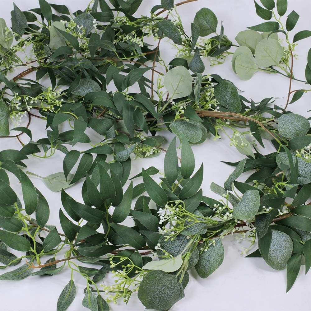 Fake Greenery Garlands Artificial Silver Dollar Eucalyptus Garland in Grey Green and Willow Twigs Garland Intertwined - Set of 2