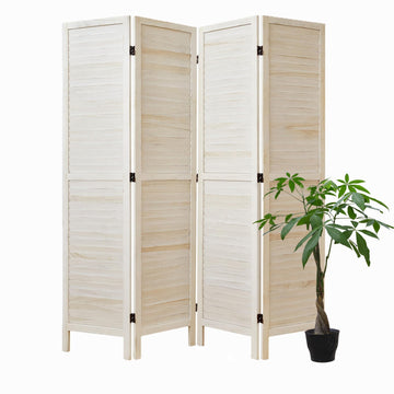 White Room Divider, Temporary Wall with Double Hinges, 5.6 Ft Tall Folding Louver Wood Screen Bedroom Hotel