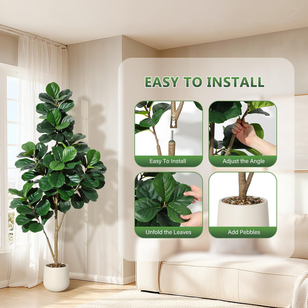 6 ft Fiddle Leaf Fig Tree Artificial with 108 Leaves - Realistic Faux Ficus Lyrata Trees in 9 in White Planter Pot