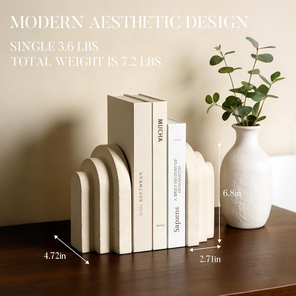 Ends for Heavy Books, Beige Modern Pleasing Layered Arch Design | Aesthetic Bookend Decorative, Concrete Book Ends to