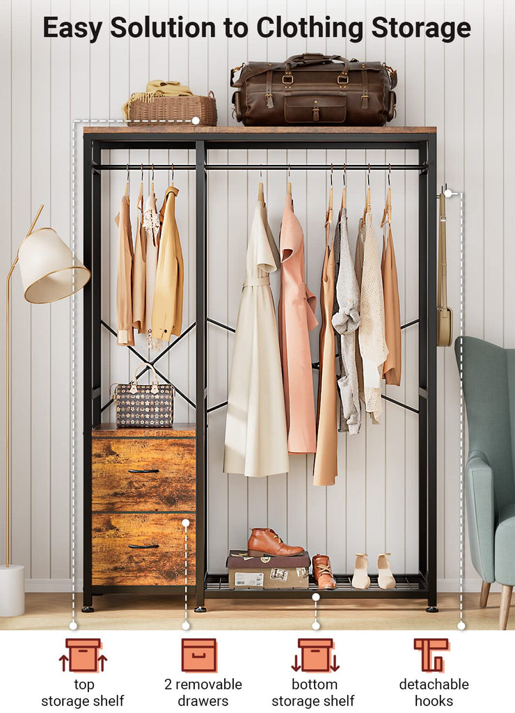 Clothes Rack with 2 Rods, Shelves, Drawers & Hooks, Garment Rack