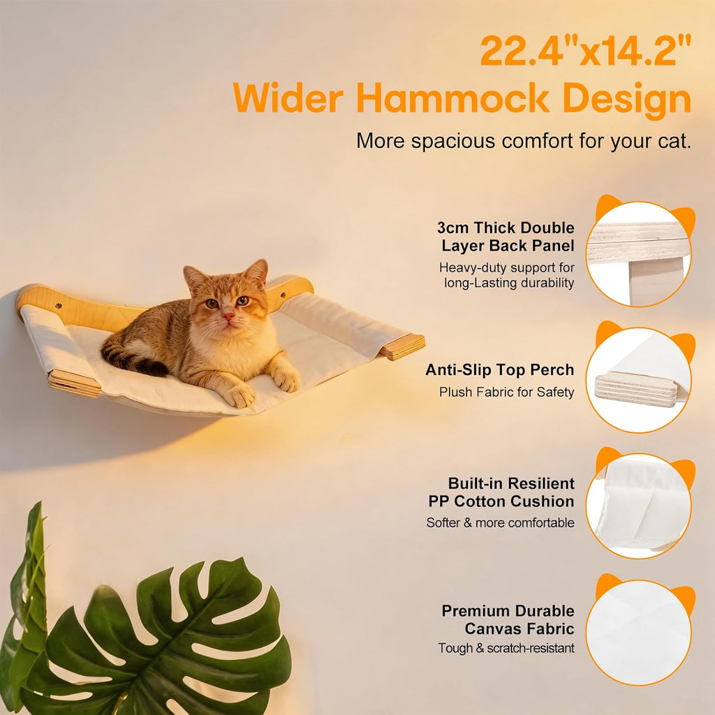 8-in-1 Cat Wall Shelves for Large Cats, Wall Mounted Cat Furniture with Feeding Station&Extra Wide Hammock, Heavy