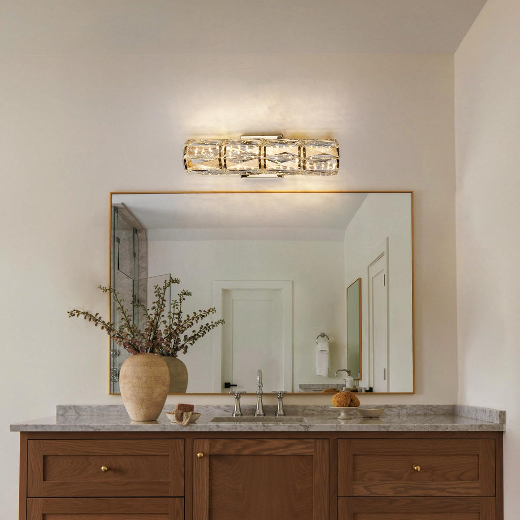 Gold Crystal Wall Sconce, Modern Dimmable LED Indoor Wall Light Fixtures with Remote, Elegant K9 Crystal Bathroom