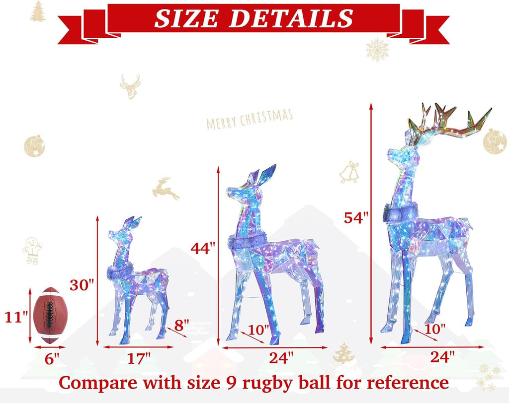 54 Inch 3D Colorful Large Lighted Christmas Deer Decorations 3-Piece Outdoor Holiday Decorations Reindeer Set