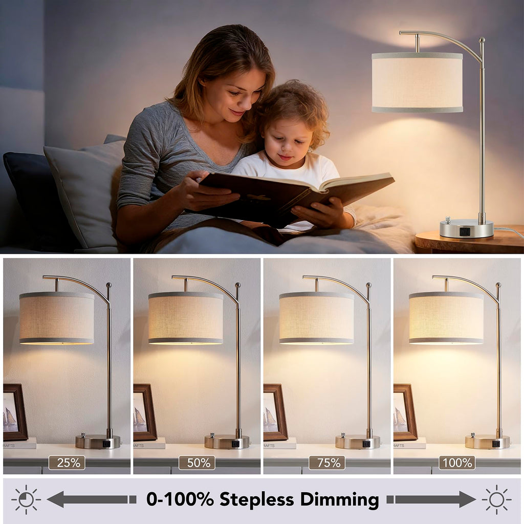 Table Lamp Set of 2, 23.5" Bedside Lamps with USB C+A Ports, Silver
