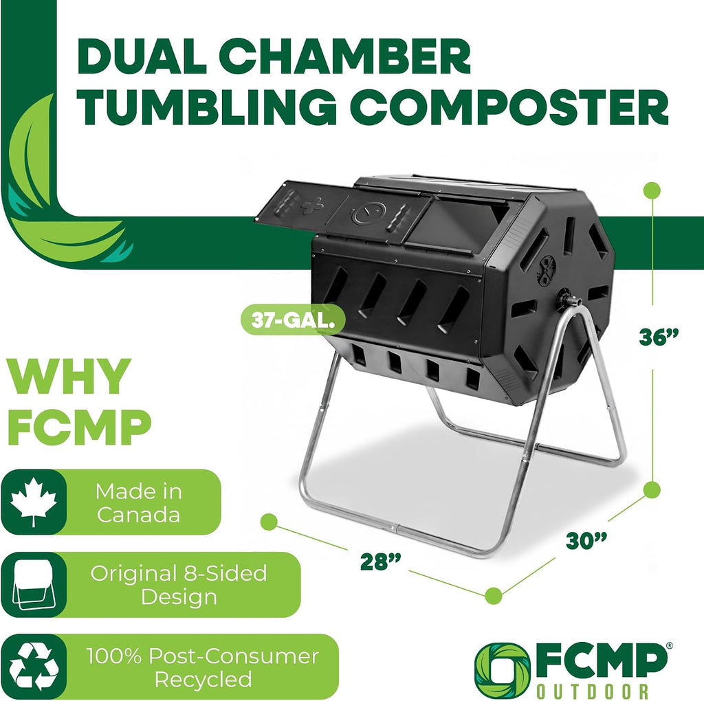 Heavy Duty 37 Gallon 8 Sided Steel Composter, Black | Portable Plastic Dual Chamber Tumbling Composter Outdoor