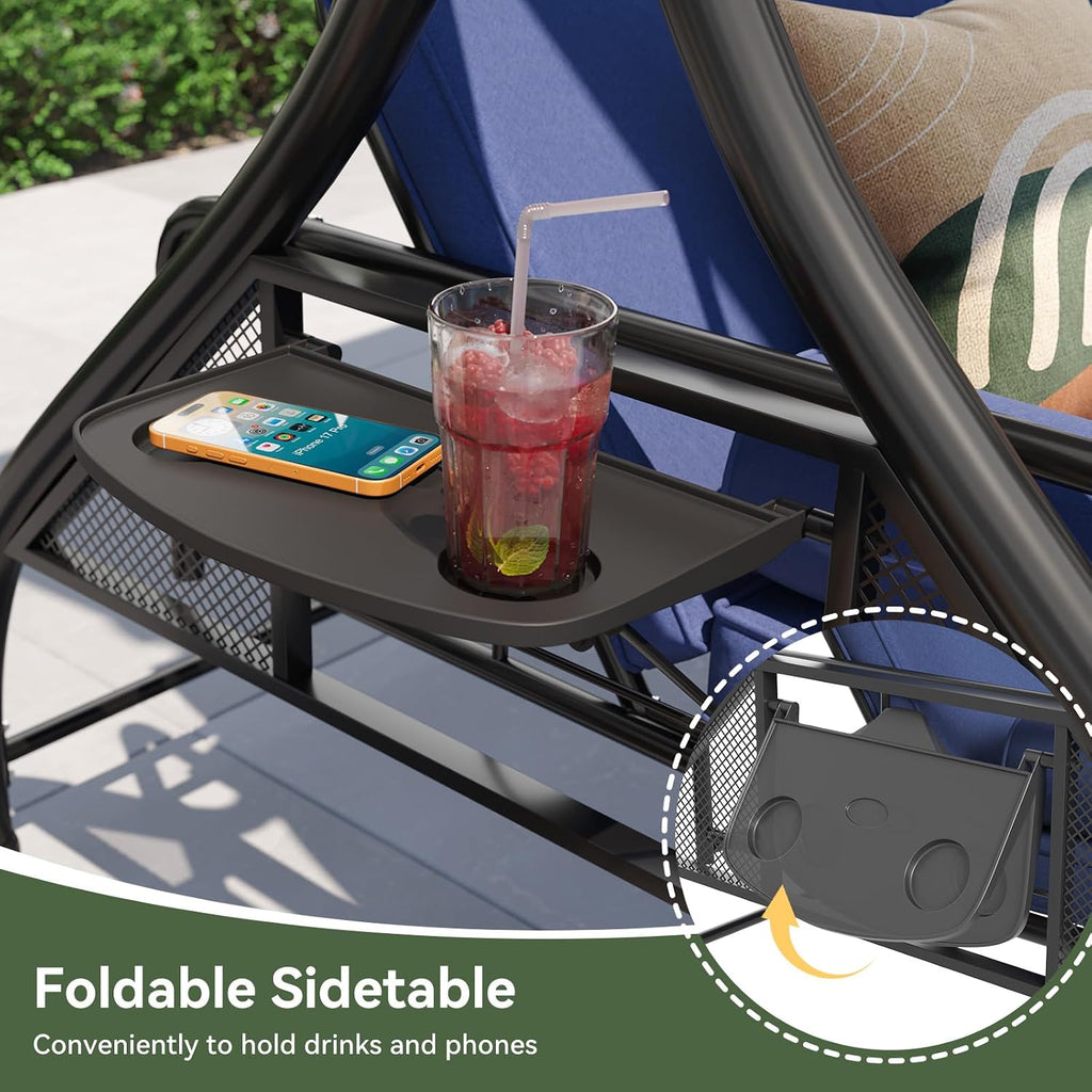 Outdoor Porch Swing with Stand and Canopy, 3 Seats Outdoor Swings for Adults, Convertible 2 in 1 Swing Bed with Cup